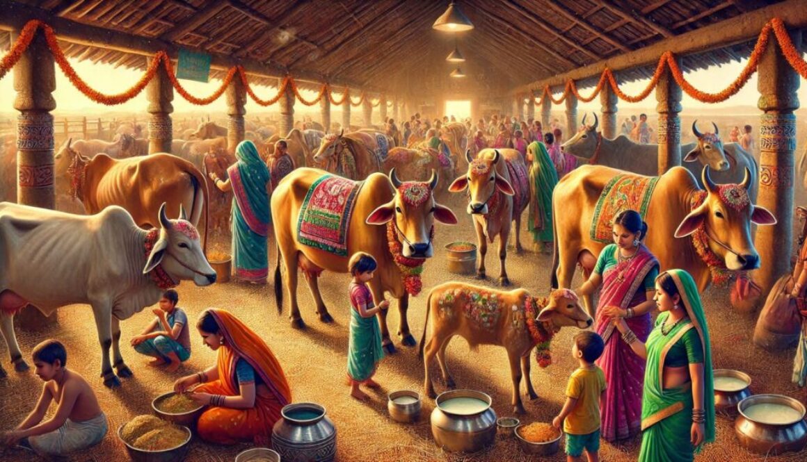 Illustration of a traditional Indian village scene celebrating Gopashtami or 'All India Cow Day.' Decorated cows are surrounded by villagers; some are worshipping and feeding them, while others are washing and adorning them with flowers. Families, including children, gather around, engaging in the festivities. There are food stalls nearby, and a speaker addresses a crowd from a small stage. The village backdrop includes traditional Indian architecture, colorful decorations, and a lively, cultural atmosphere.